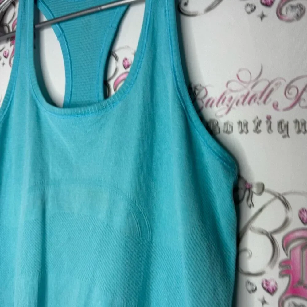 Lululemon shirt stretchy yoga rare racer back logo silver Turquoise Tank Top